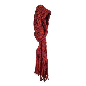 Fruit Punch Pink and Orange Woven Textured Angora Wool Long Scarf with Fringe